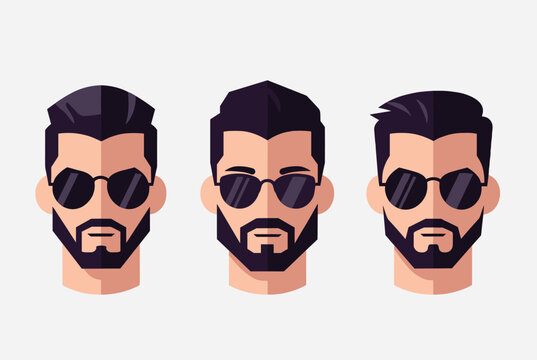 Trendy men avatar portraits showing diverse modern hairstyles, neatly trimmed beards, and stylish black sunglasses.