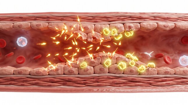 3D Microscopic Diagram of Oxidative Stress Damaging Vascular Endothelium