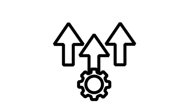 Optimized Process Growth Icon. Animated icon showing an industrial gear mechanism producing three rising arrows representing optimized process growth trends.