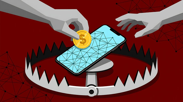Smartphone placed inside a sharp bear trap represents the risks associated with reckless mobile internet usage and phishing.