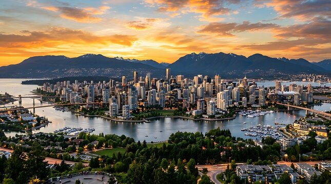 Panoramic aerial view of downtown Vancouver city skyline at sunset with mountains and harbor.