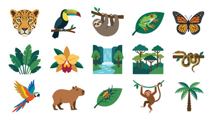 Fototapeta premium Flat Vector Illustration Set of Tropical Rainforest Animals and Plants Icons - Jungle Wildlife Ecosystem Elements
