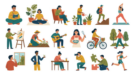 Fototapeta premium Modern Flat Vector Illustration of People Enjoying Lifestyle Hobbies, Wellness, and Self-Care Activities Collection