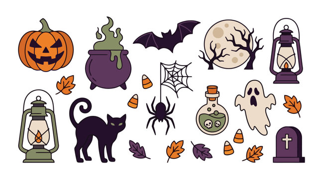Halloween icons set vector illustration with cat ghost pumpkin lantern spider.