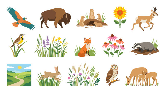 Flat Vector Illustration: Diverse Prairie Wildlife and Flora Collection. North American Grassland Animals  Plants.