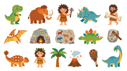Obraz premium Prehistoric Stone Age Dinosaurs and Cavemen Flat Vector Cartoon Icons Collection
