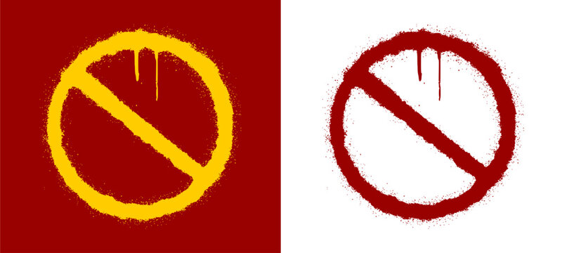 Circle restriction prohibition sign drawn with spray paint texture. Creative street art graphic element template with isolated stop forbid warn silhouette on yellow background clip art.