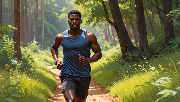 Man runs forest trail