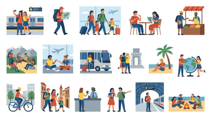 Fototapeta premium Collection of Flat Cartoon Vector Illustrations: People Enjoying Diverse Travel Tourism Scenes