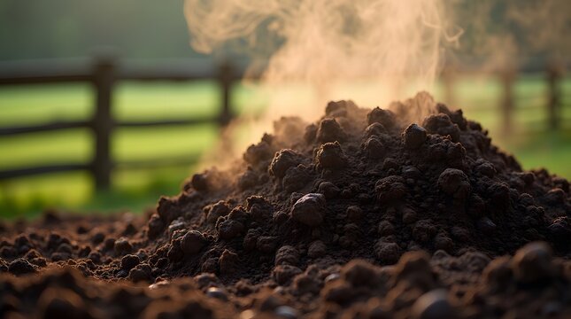 A pile of steaming compost in a rural setting with a fence