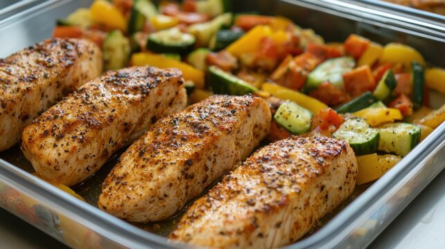 Roasted salmon fillets with medley of roasted vegetables.