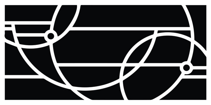 Abstract geometric pattern with intersecting white lines and circles on a black background.