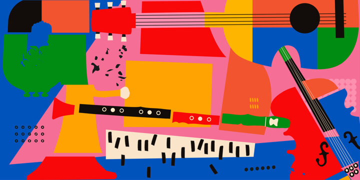 Abstract Music Background, vector illustration. Collage with musical instruments