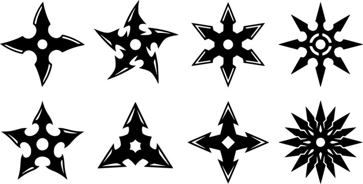 Collection of eight black silhouette ninja throwing stars and shuriken weapon designs on a white background
