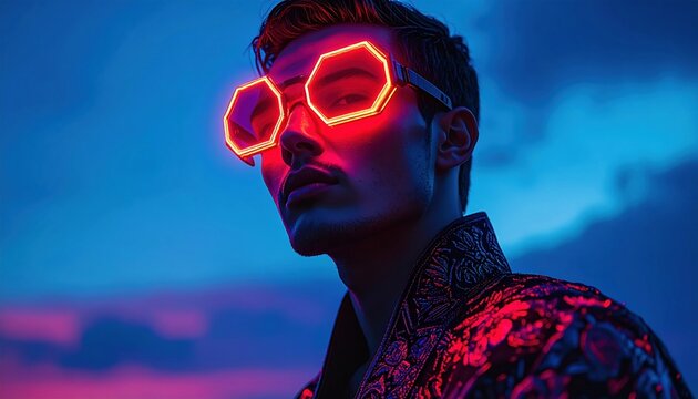 Stylish man wearing futuristic neon hexagonal glasses glowing in vibrant pink and blue lights representing cyberpunk fashion trend and modern nightlife aesthetic