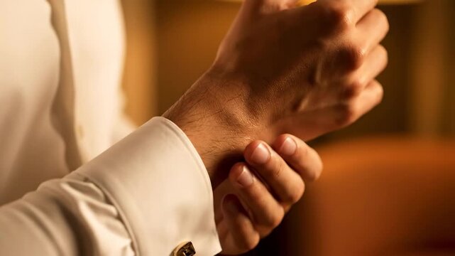 Man's hand adjusting a stylish cufflink on a classic white dress shirt