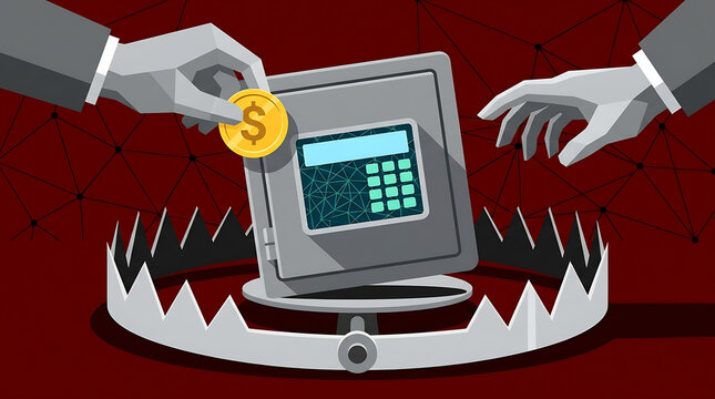 Safe deposit box sits on a sharp bear trap while a hand dangles a coin to lure potential victims.