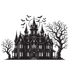 Fototapeta premium Detailed haunted house illustration with bare trees and bats black silhouette on transparent background spooky castle