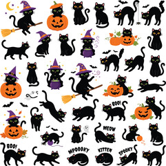 Fototapeta premium Cute Halloween Cartoon Icons Set with Pumpkin Ghost Bat Black Cat Witch Hat Spider Skull and Spooky Monster Vector Illustration for Autumn Holiday Design Collection