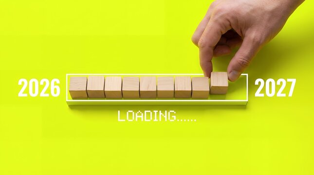 New Year 2027 loading bar concept, hand placing wooden block, vibrant green background. Progress and future planning, business growth, and annual transition.