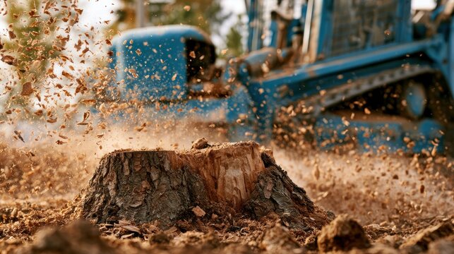 Tree stump being mulched by wood chipper
