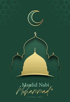 Milad un Nabi Poster with Golden Mosque Dome, Crescent Moon, Islamic Arch Silhouette and Elegant Dark Green Background