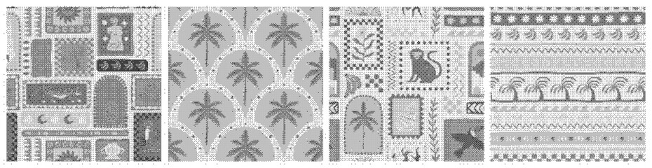 Set of cross stitch patterns with geometric and floral motifs, seamless borders and decorative elements © Rehena