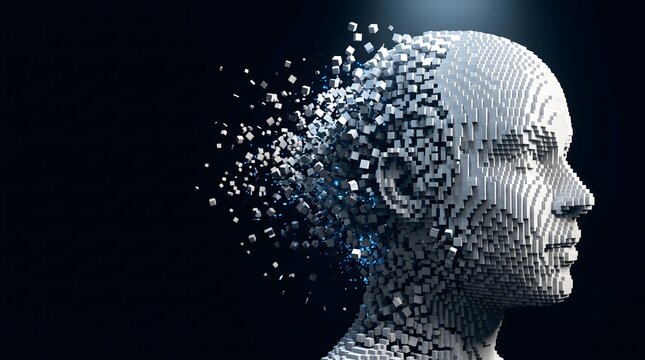 3D Render Voxel Human Face Disintegrating Into Blocks With Top Lighting On Solid Black Background Left Copy Space