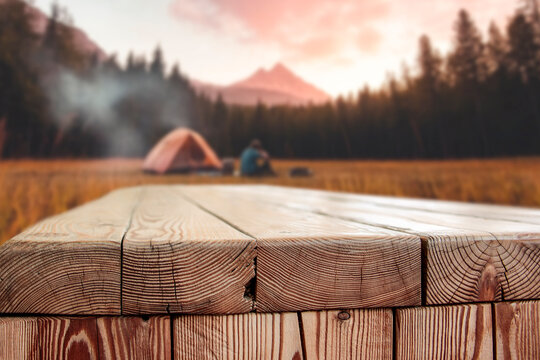 Lake camping with mountain view and copy space &ndash; outdoor summer adventure concept