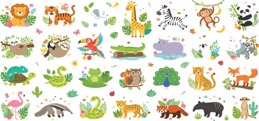 Cute cartoon jungle animals vector set with wild safari characters isolated on white background. © MDRIFAT