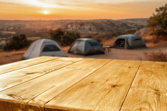 Lake camping with mountain view and copy space &ndash; outdoor summer adventure concept