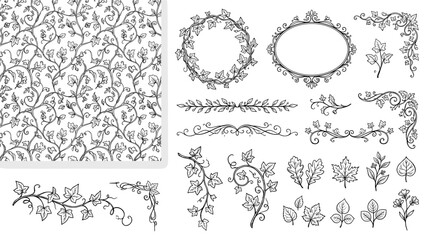 Fototapeta premium Hand-drawn vines seamless pattern, vector element set