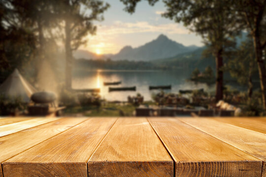 Lake camping with mountain view and copy space &ndash; outdoor summer adventure concept