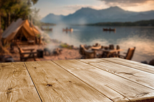Lake camping with mountain view and copy space &ndash; outdoor summer adventure concept