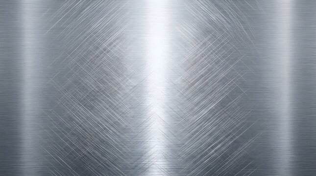 Brushed metal texture background with circular light reflection, polished steel surface with crosshatch scratches, industrial silver metallic plate