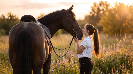 Obraz premium A young woman shares a tender moment with her horse at sunset