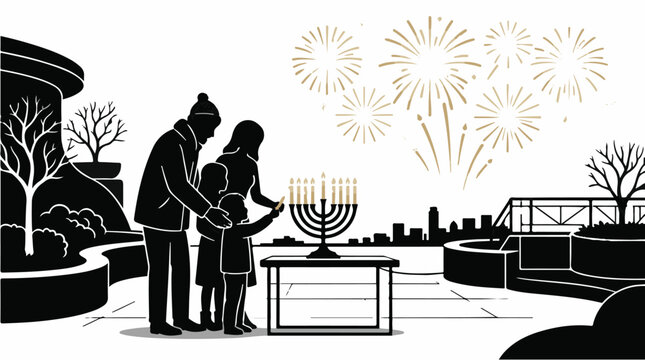 Hanukkah celebration with couple lighting menorah outdoors