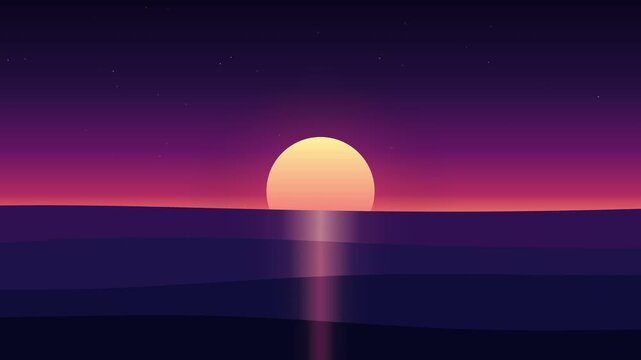 Minimalist vector animation of a yellow sun setting over a calm purple ocean.
