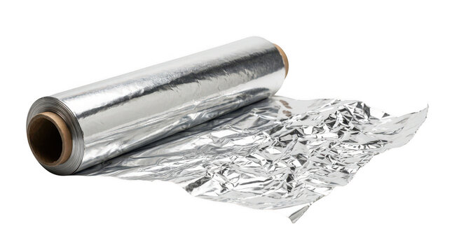 Roll of shiny silver aluminum kitchen foil isolated on transparent background