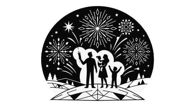 New Year celebration family silhouette with fireworks