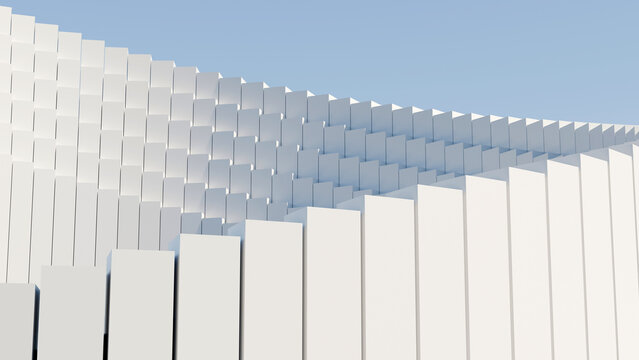Abstract 3D architectural render of repeating white geometric blocks forming a massive stepped structure wave pattern against a clear light blue background