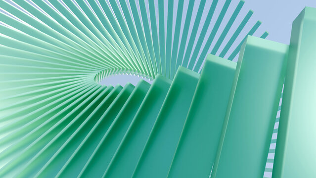Abstract 3D render of mint green geometric bars twisting into a spiral vortex pattern against a pale blue background. Minimalist futuristic graphic design element