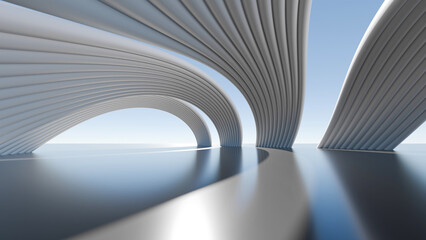 Naklejka premium Abstract 3D render of futuristic white curved ribbed arches forming a modern pavilion canopy on a glossy reflective floor against a blue sky horizon