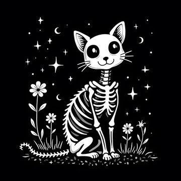 A whimsical black and white illustration of a cat skeleton in a field of flowers under a starry night sky