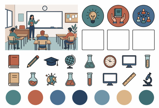 Education kit set with school classroom teacher students icons book pen lab map kid teach study learn tools