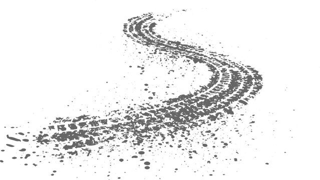 Grunge Tire Track Texture with Distressed Tread Marks, Black Rubber Print Overlay, Rough Road Pattern, High Detail Monochrome Vector Illustration.