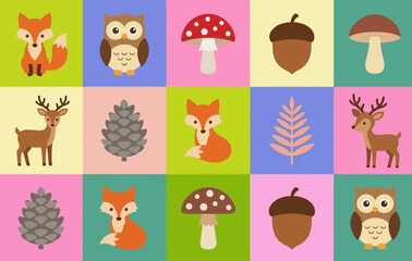 Fototapeta premium Fox owl deer nut leaf pine wood icon set flat art wild life forest map