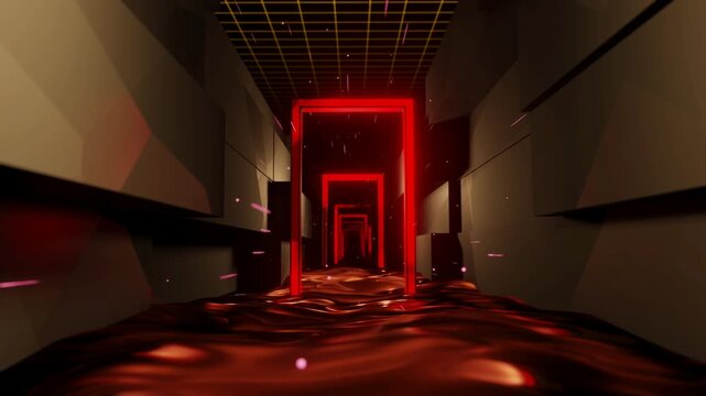 Vibrant neon red portals guide a path through an enigmatic digital future, creating an immersive, dark sci-fi corridor experience with a glowing liquid floor