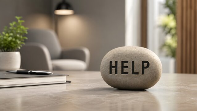 Employee assistance counseling concept featuring engraved help stone on therapist desk representing mental health support.