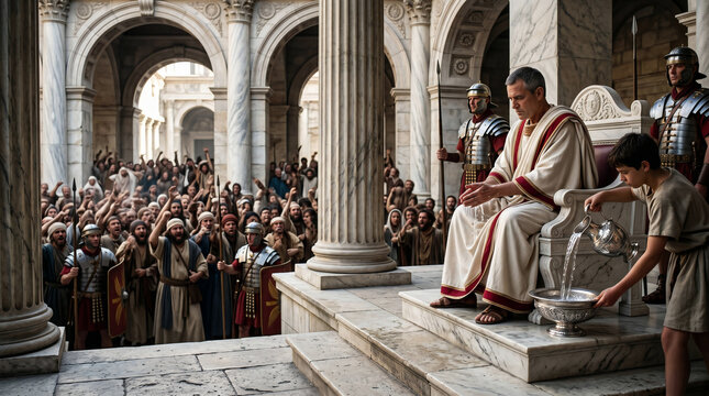 Pontius Pilate washing his hands in a silver bowl before an angry crowd, symbolically absolving himself of condemning Jesus
